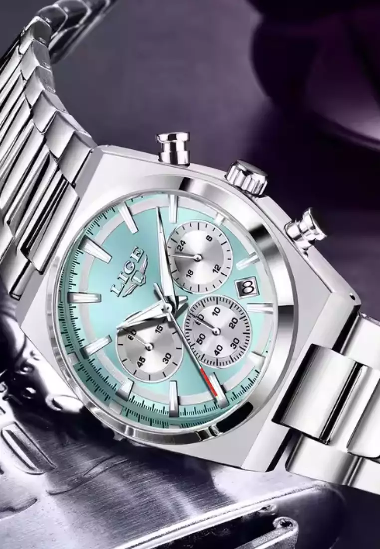 Chronograph Unisex Silver Color Alloy Quartz Watch 41mm, Stainless Steel Bracelet