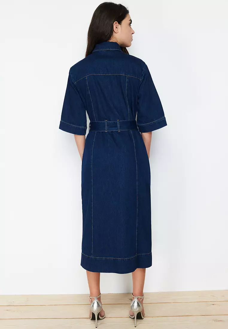 Cotton Denim Midi Shirt Dress