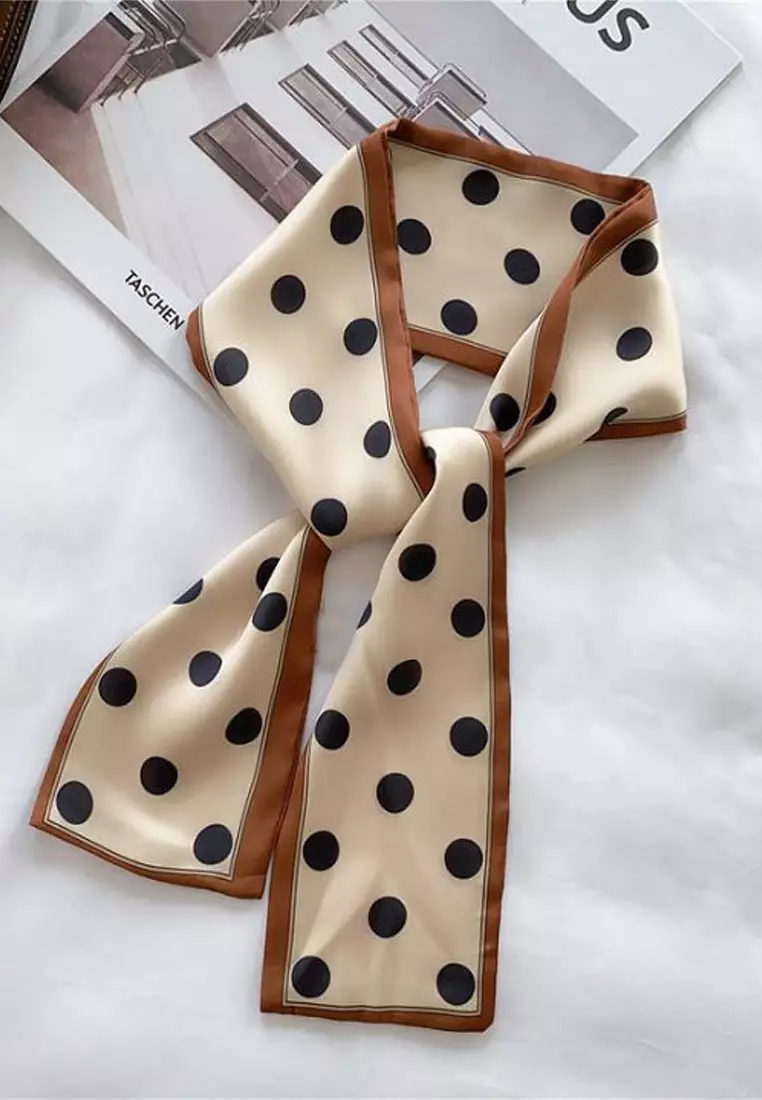 Aksesoris Wanita Polka Dots Twilly Skinny Multi purpose Scarf Wanita Beige & Brown