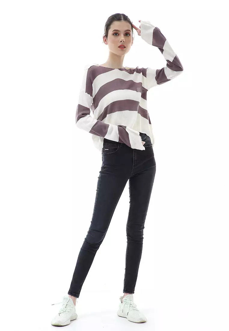 Vilia Rajut Crop Atasan Wanita Oversize Motif Stripe Garis Relaxed Fit - Burgundy