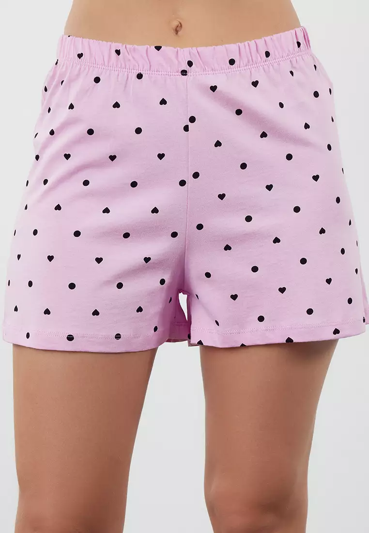 Pink Heart Patterned Shorts Knitted Pajama Set