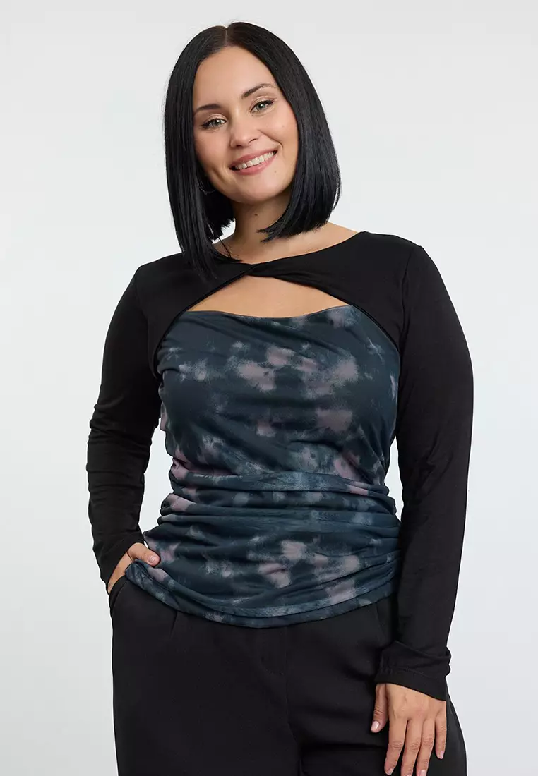 Grey Patterned Collar Gathered Cut Out Detail Tulle Knit Plus Size Blouse Tbbaw25Af00037