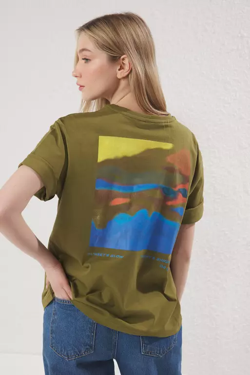 Khaki Premium 100% Cotton Printed Relaxed/Comfortable Pattern Knitted T-Shirt TWOSS24TS00172