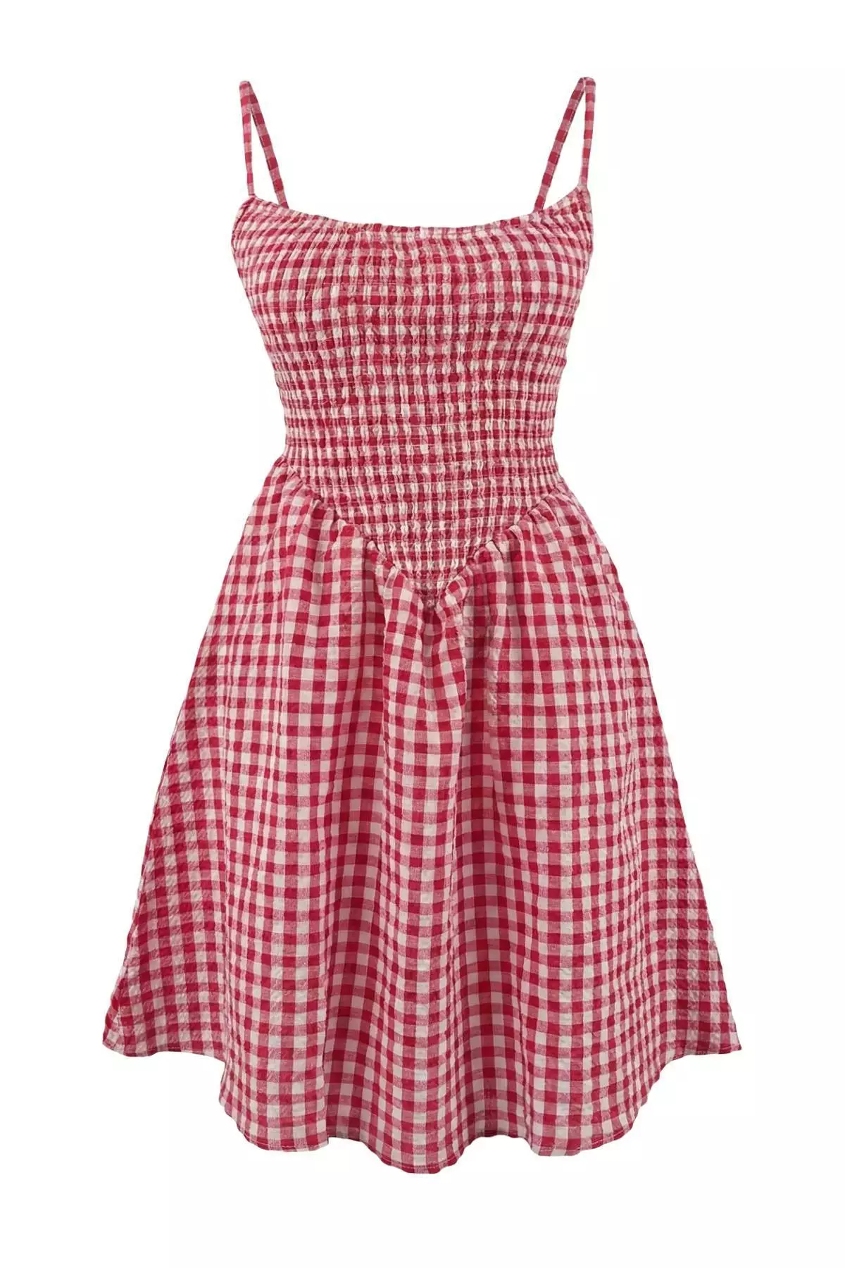 Red Plaid Patterned Woven Gipeli Mini Beach Dress Tbess26El16