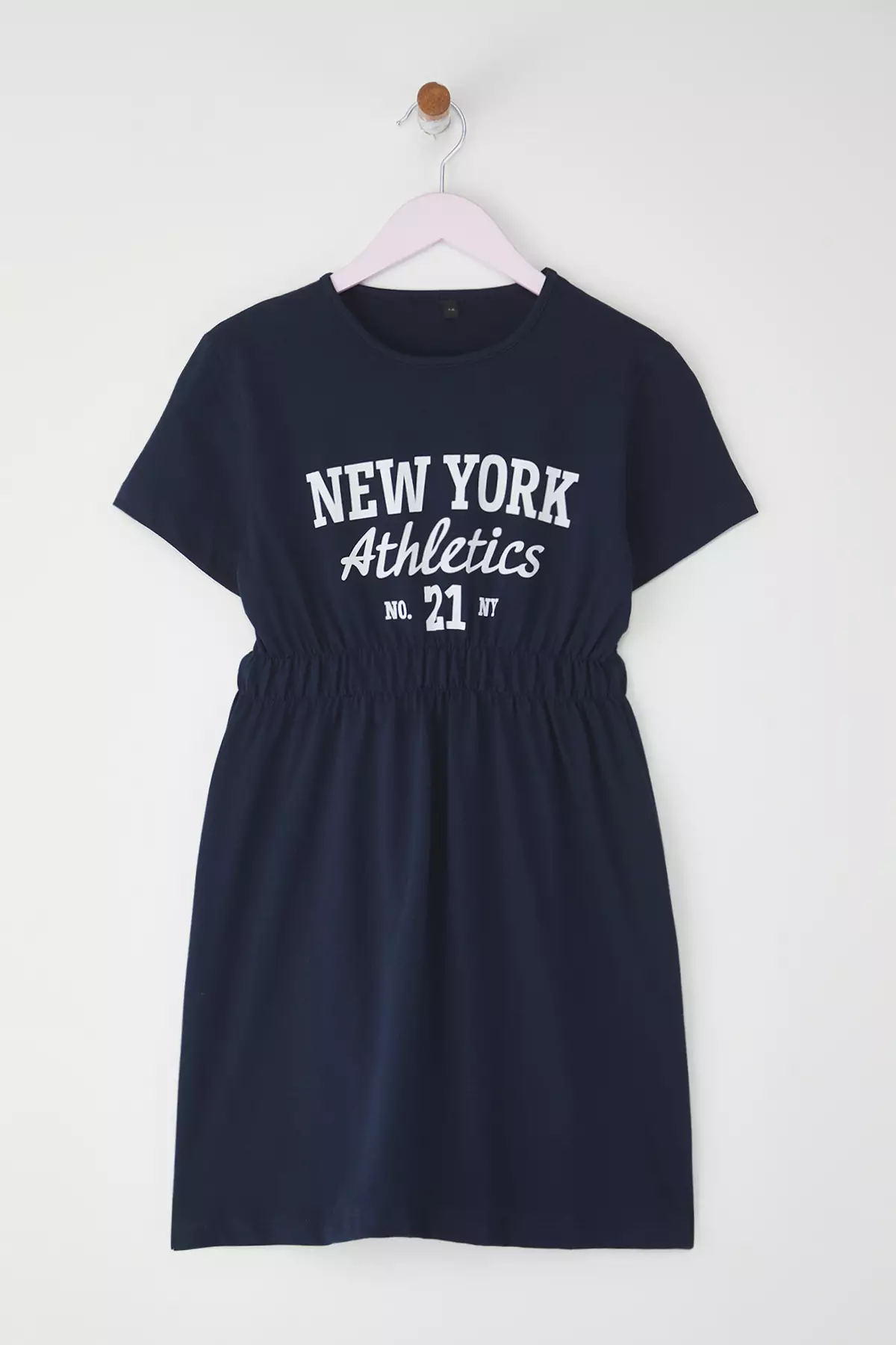 Navy Blue Girl's 100% Cotton Slogan Printed Short Sleeve Elastic Waist Mini Knitted Dress Tkdss25El00084