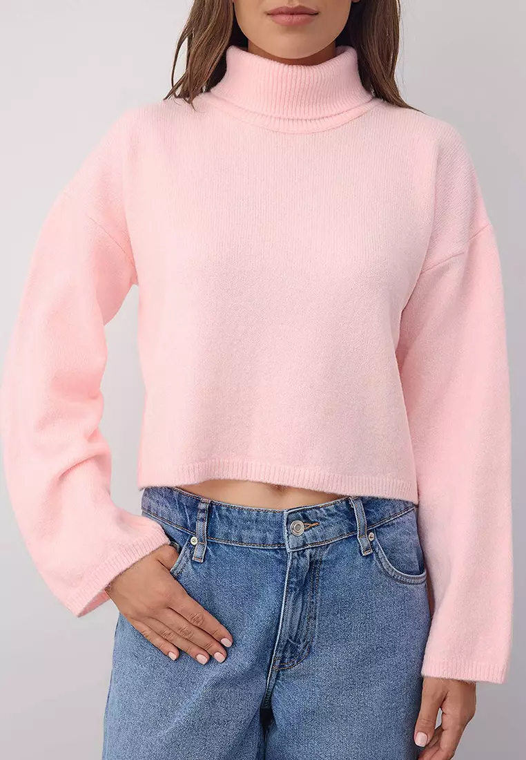 Wardrobe Essentials Pink Wide-Cut Soft Texture Crop/Short Knit Sweater