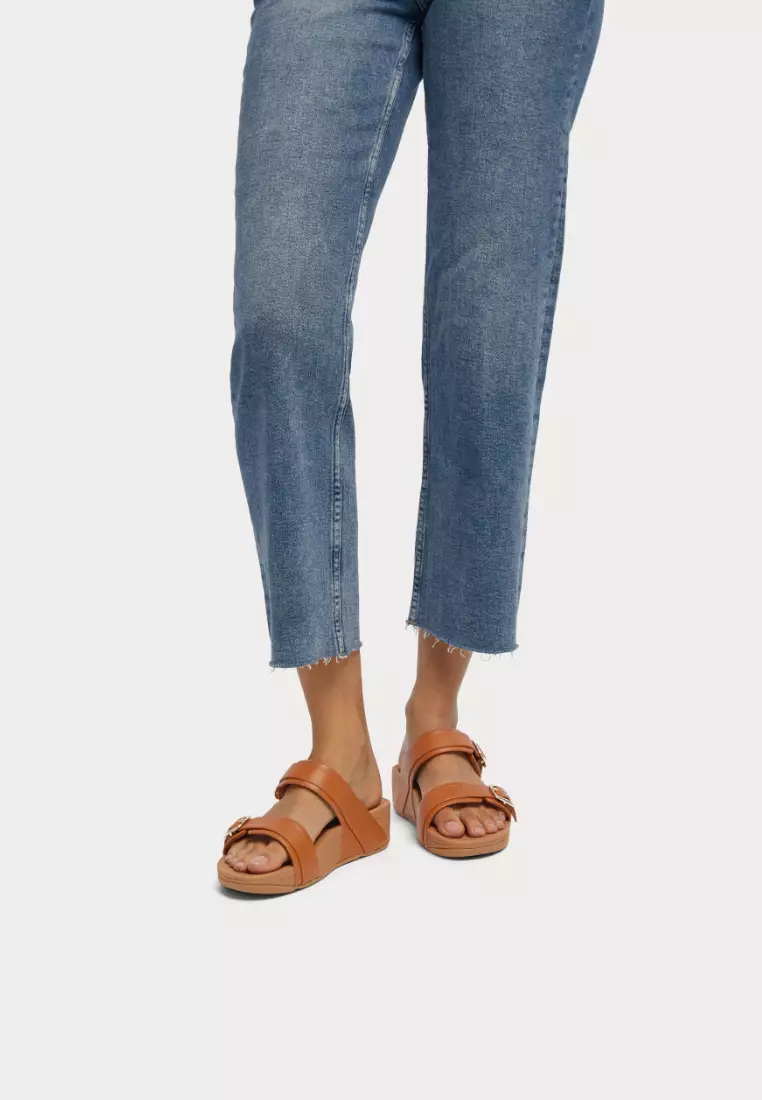 サンダル・ミュール FitFlop Lulu Leather Slides Light Tan ES7-592 LULU CRYSTAL-BUCKLE LEATHER CROSS SLIDES – FitFlop Thailand