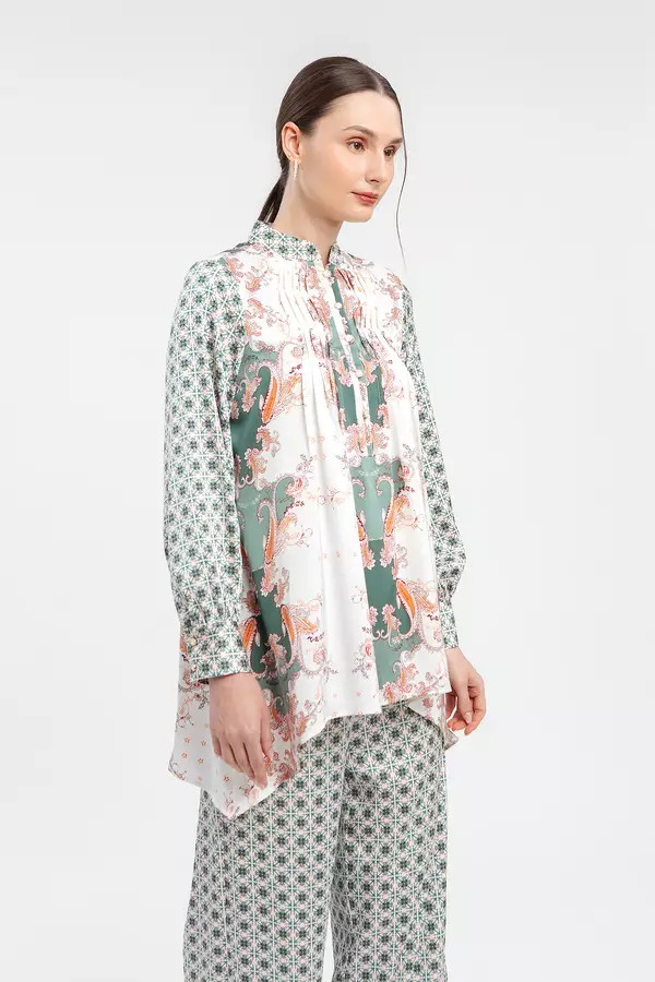 MINIMAL - Pervin - Tunic Pintuck Motif Paisley - Green