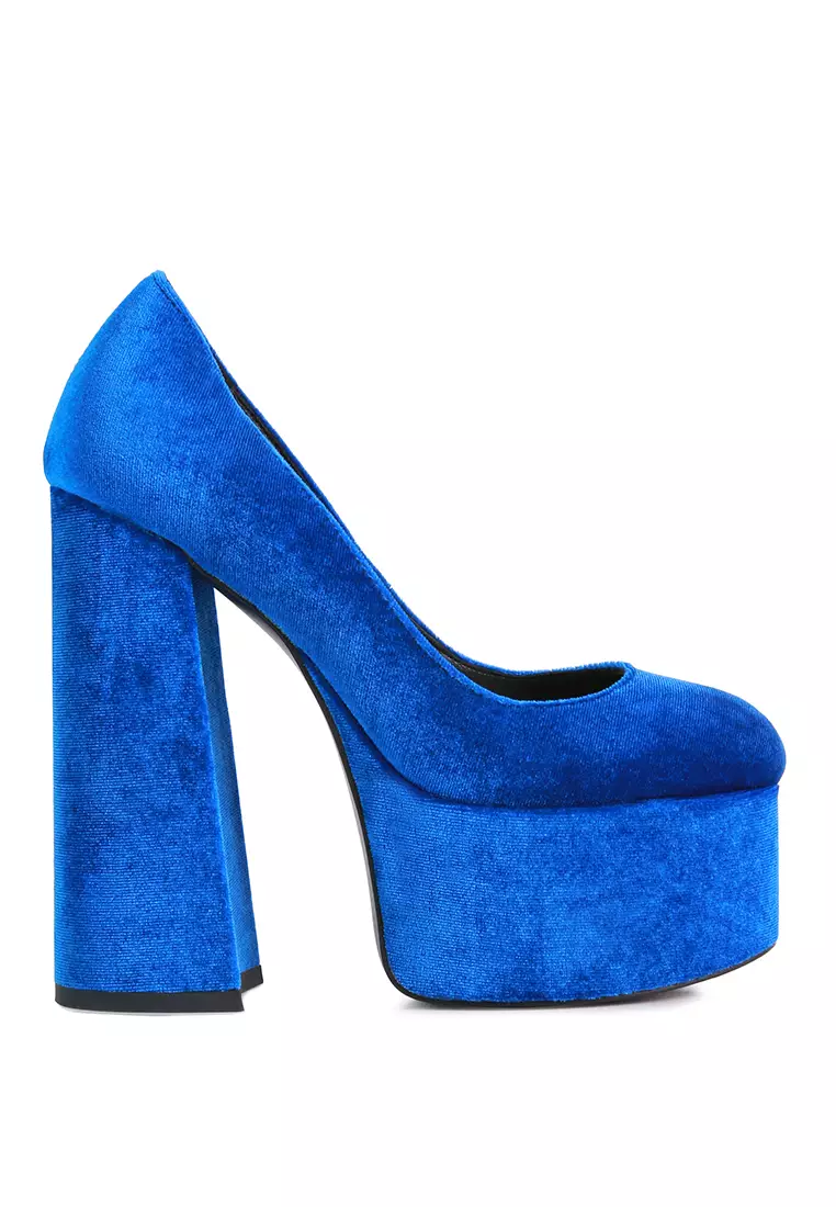 Discount on London Rag  shoes - SKU: Blue Platform Heel Velvet Pumps