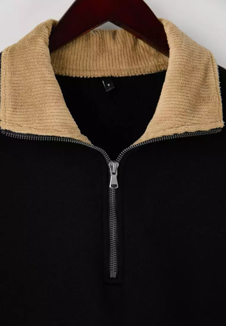 Black Collar Detailed Stand Collar New Oversize/Wide Cut Thick/Fleece Lined Sweatshirt Tmnaw26Sw00003