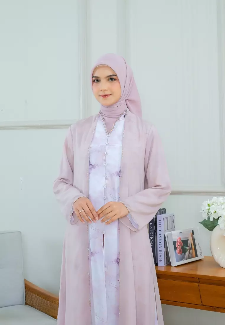 Gamis Long Dress Mosleem Elegant Pink Marble One Set Outer Stylish By Brilliant Girl Warna Pink