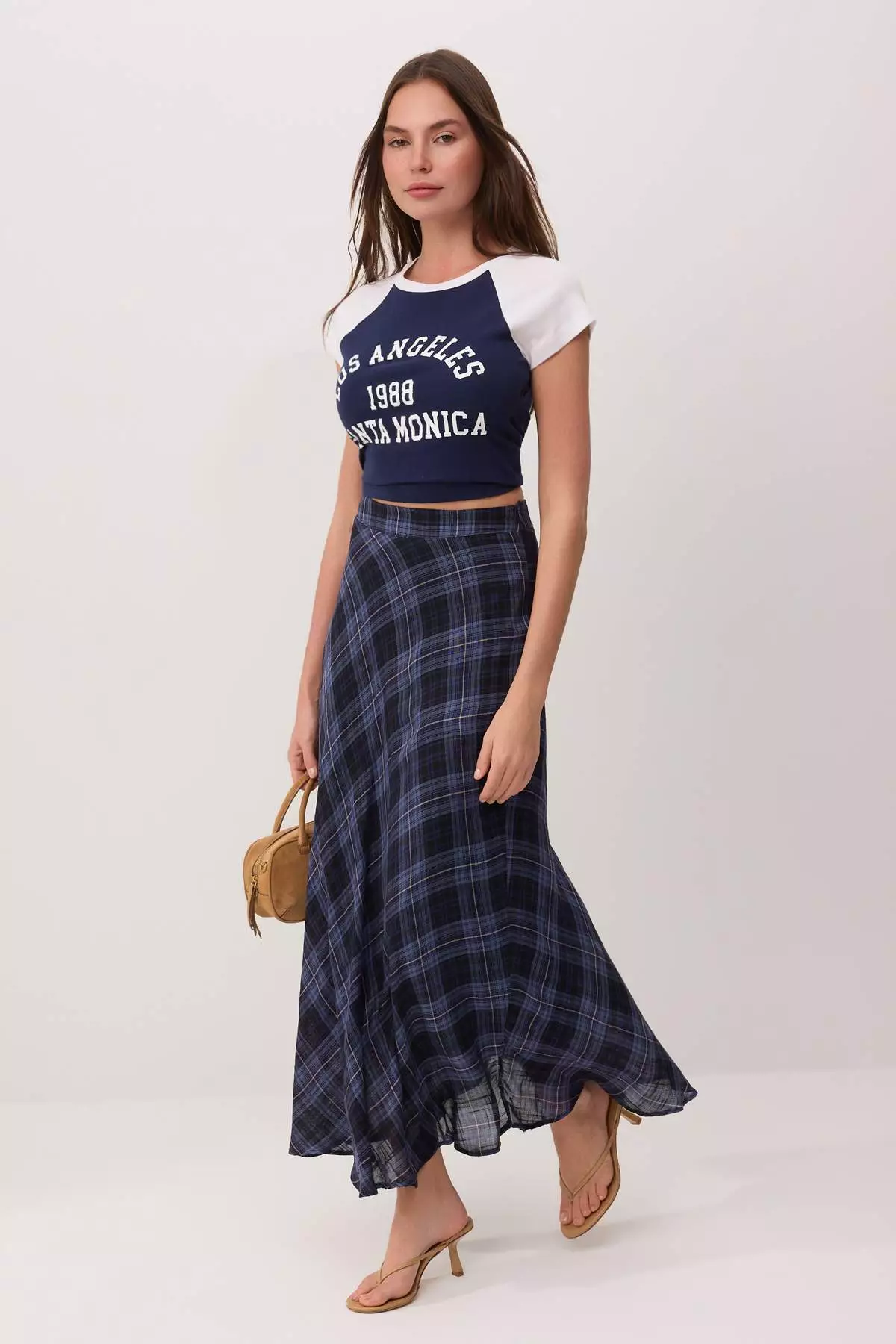 Blue Plaid 1% Cotton Lined Long Maxi Skirt Twoss26Et187