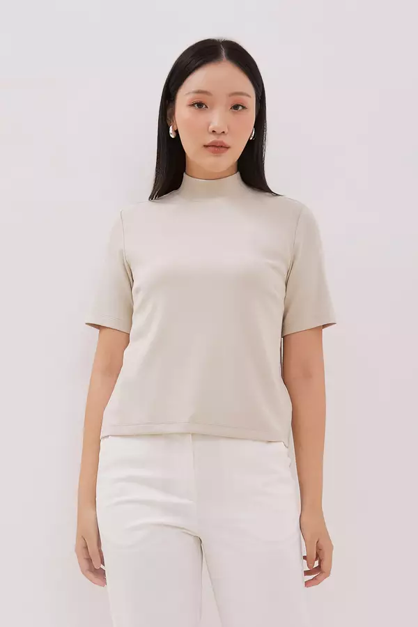 MINIMAL - Penny - Atasan Rib Kerah High Neck - Beige Colour Beige