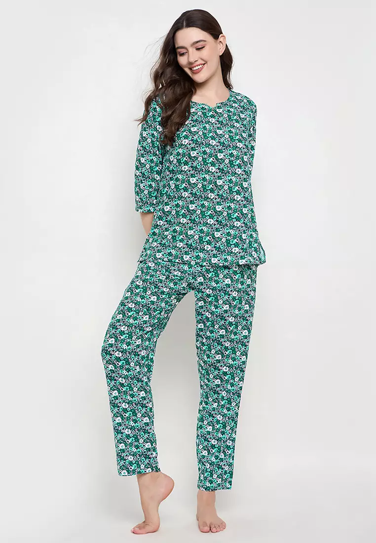Clovia Floral Print Top & Pyjama Set in Dark Green- Rayon