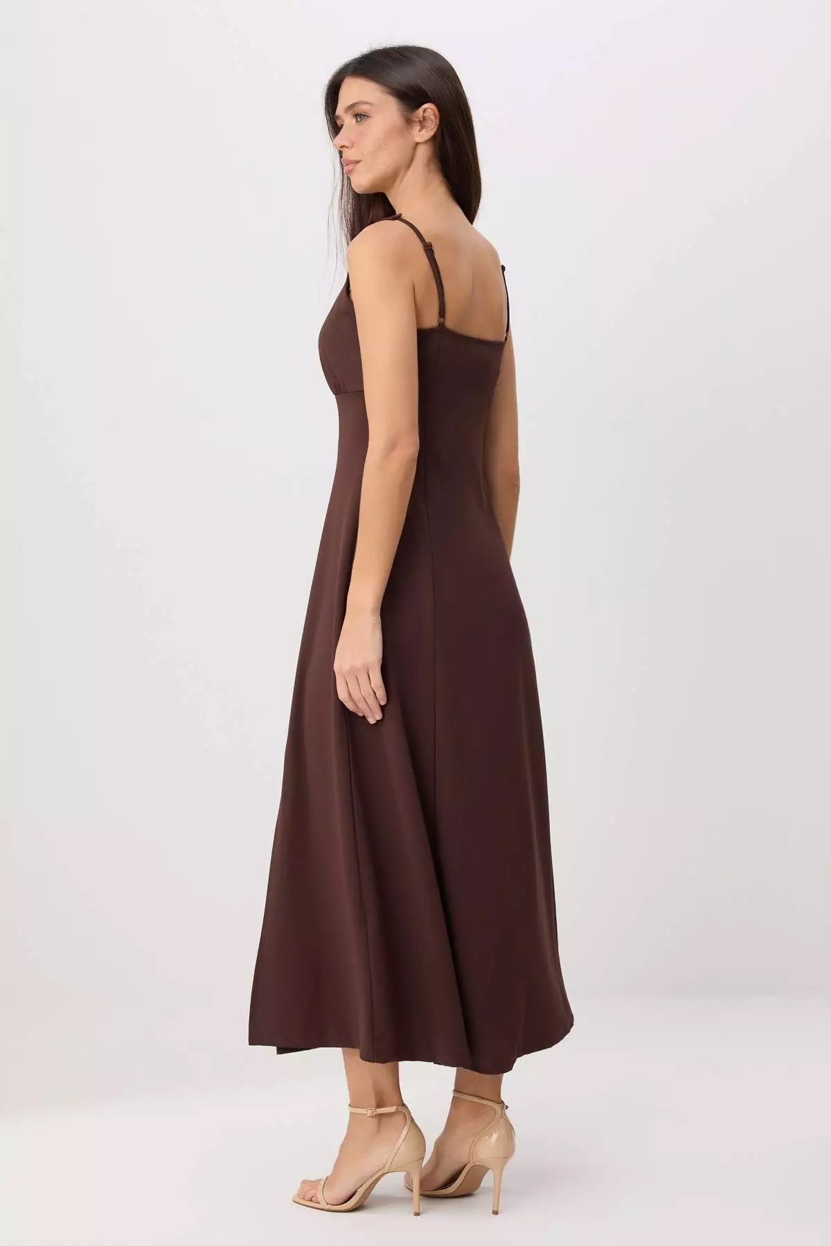 Brown A-Line/A Bell Form Sweetheart Neck Sleeveless Maxi Scuba Crepe Knitted Dress Twoss26El00262