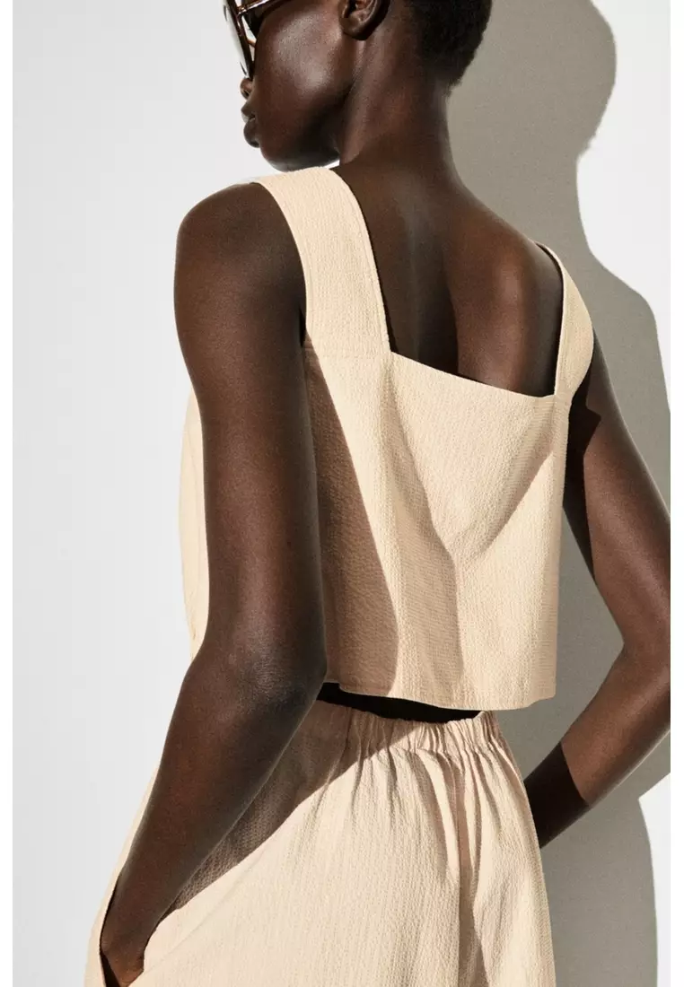 OPEN-BACK SEERSUCKER WIDE-LEG JUMPSUIT