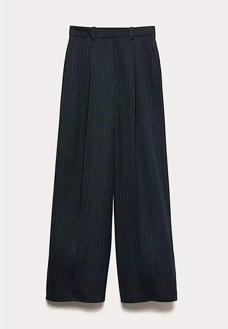 Pinstripe Single Pleat Wide Leg Trousers