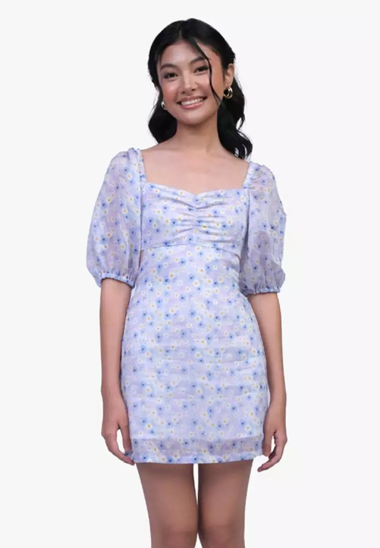 JUST G Daisy Print Ruched Cut Out Dress