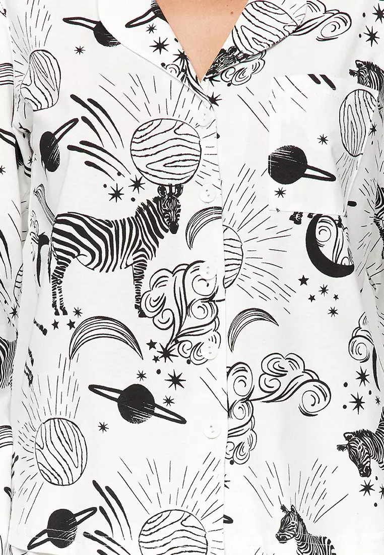 White 100% Cotton Patterned Shirt-Pants Knitted Pajama Set THMAW24PT00002