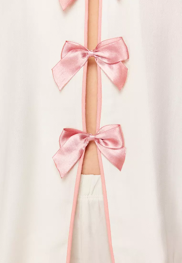 White Ribbon/Bow and Piping Detailed Viscose Shorts Woven Pajama Set THMSS24PT00290