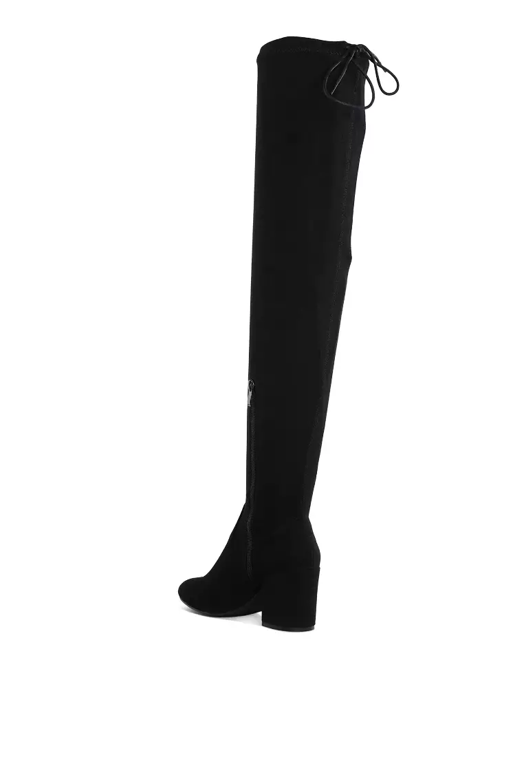 Minimal Drawstring Detail Knee-High Boots in Black