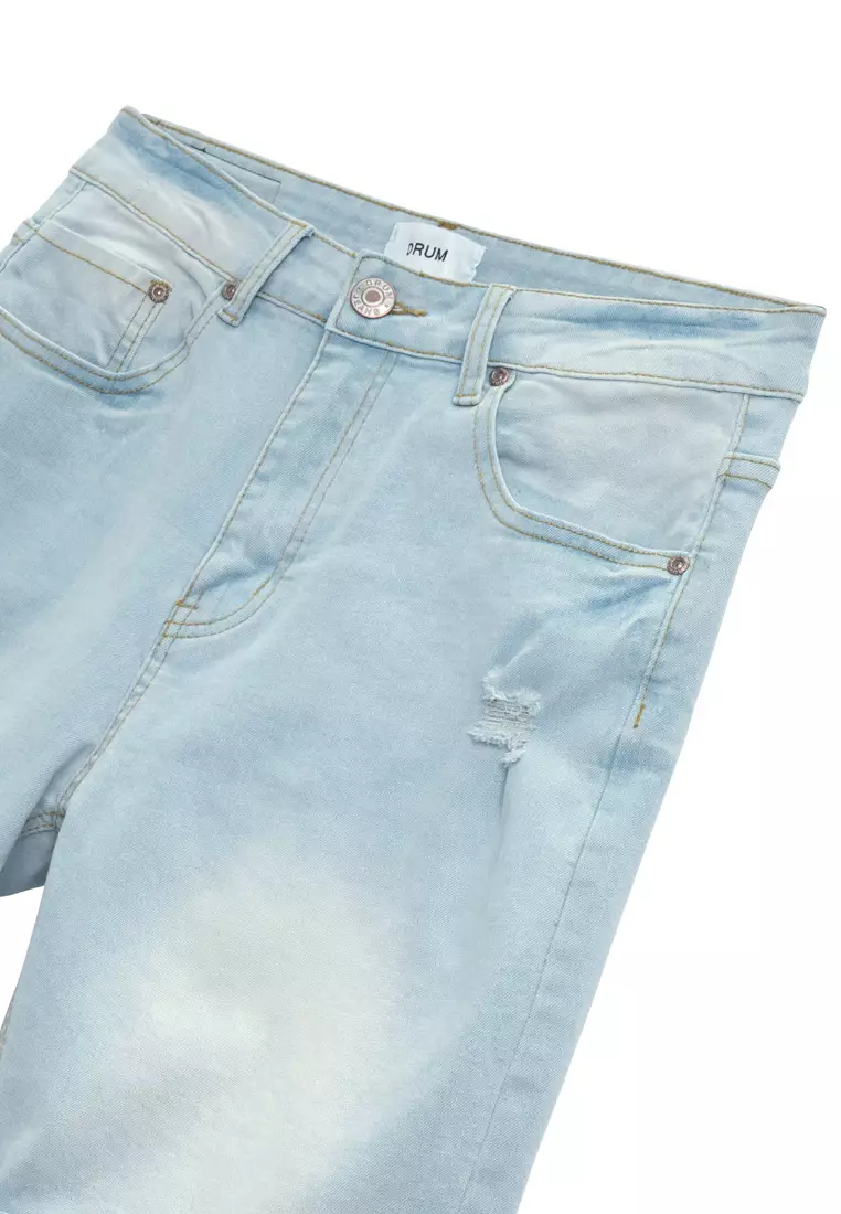 DRUM Classic Ripped Details Short Jeans-Light Blue