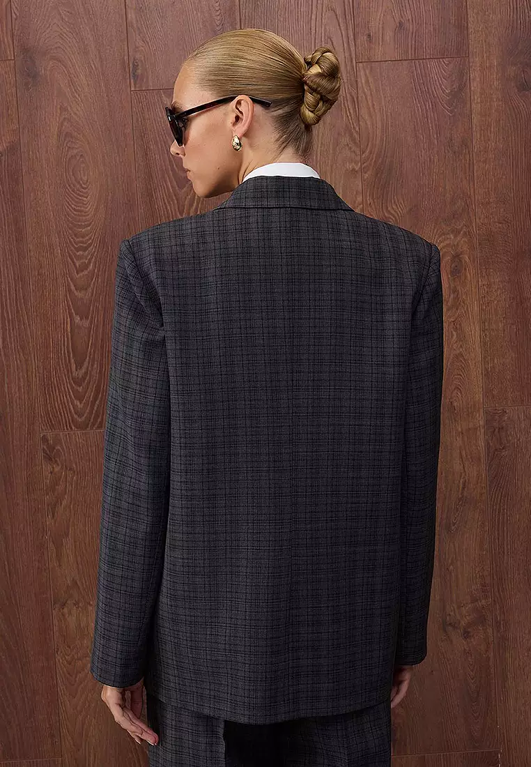 Plaid/Checked Oversize Woven Blazer Jacket Blazer Jacket