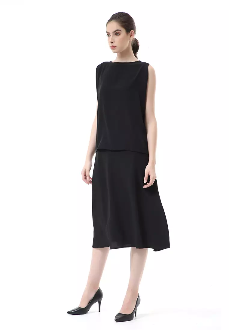 Nayra Set Atasan Wanita Setelan Tanpa Lengan with Long Skirt Motif Polos Material Chiffon Cathy ORIGINAL - Black