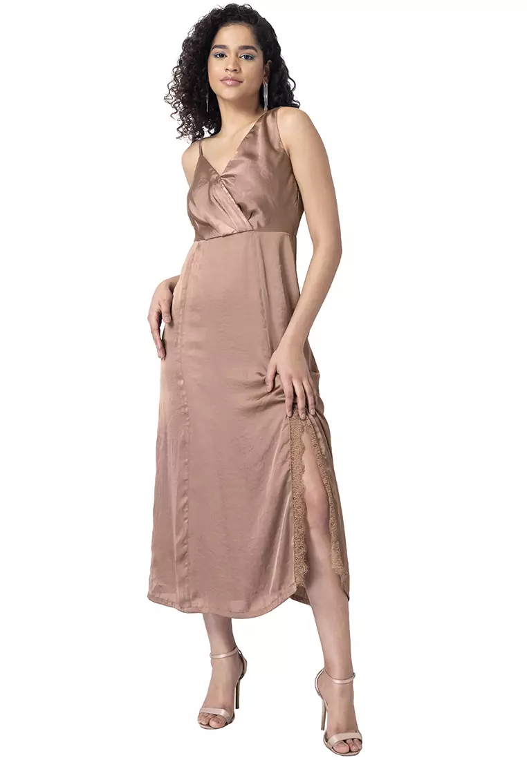 light brown satin dress Remi Lace Panel Satin Dress in Chocolate Brown main image 1