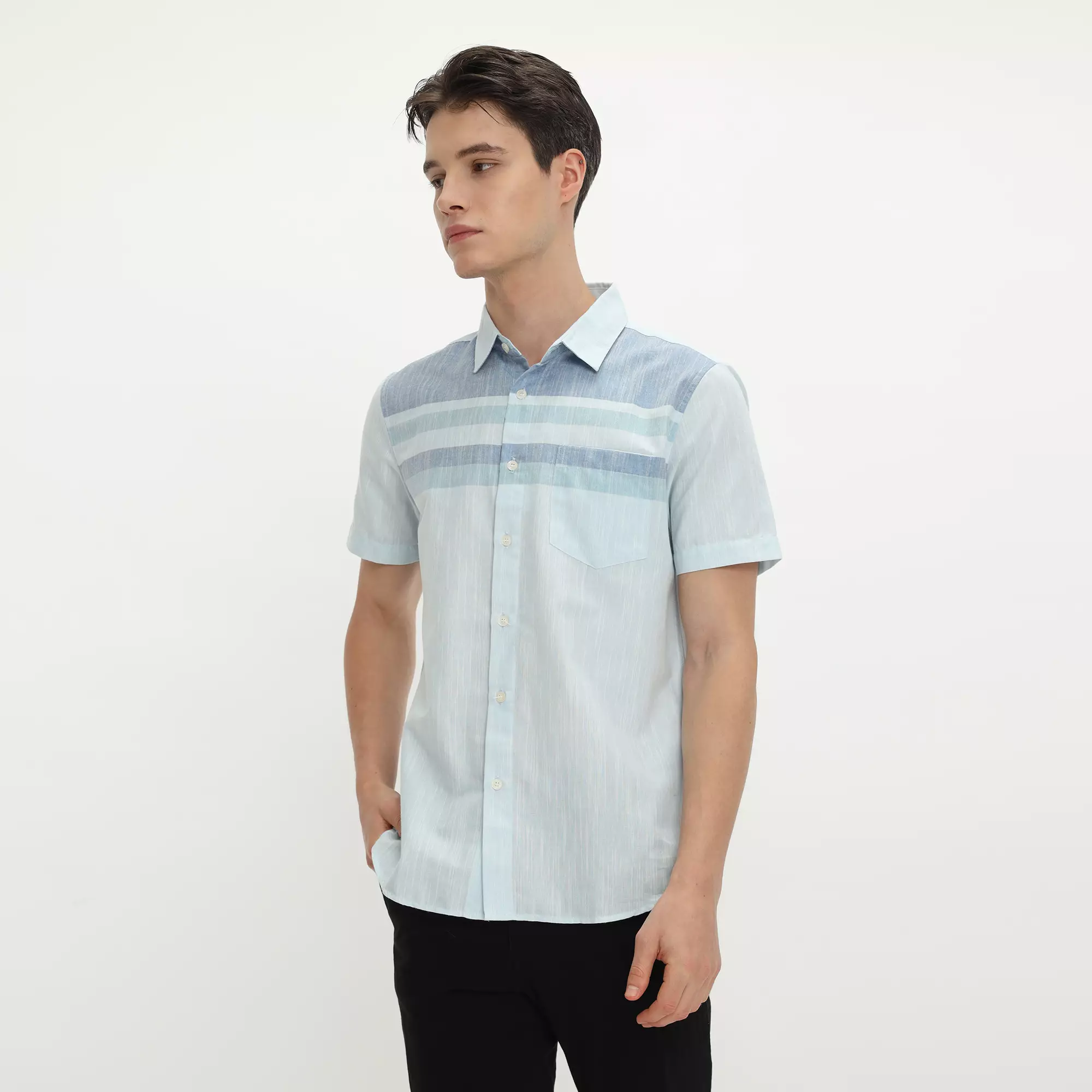 Platini Kemeja Motif Salur Pria Lengan Pendek Katun Sky Blue 73489