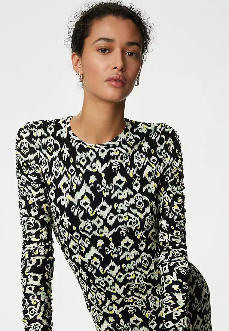 Mesh Jersey Printed Midi Column Dress