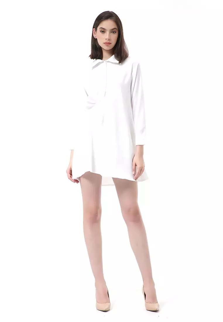 Rachel Mini Dress Wanita Model Kancing Palin Motive lengan Panjang Material Moscrepe ORIGINAL - White