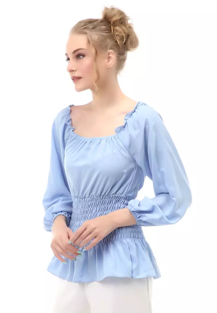 Cheva Blouse Atasan Wanita Sabrina Karet Pinggang Lengan Panjang Casual Shirt Long Sleeve Material Wolfis ORIGINAL - Blue