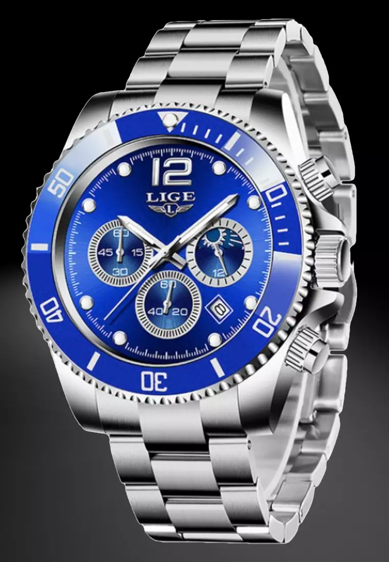 Unisex Chronograph Diver's Stainless Steel Quartz Watch with turning Bezel on Steel Bracelet