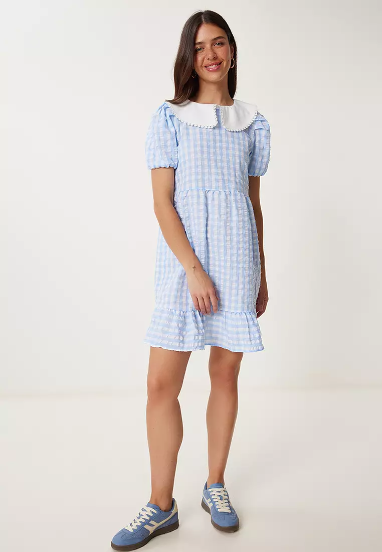Women's Sky Blue Checkered Summer Mini Woven Dress Tp00058