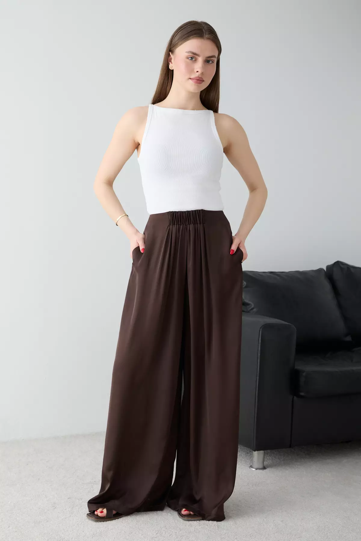 Brown Elastic Waist Extra Wide Leg Satin Trousers Twoss26Pl147