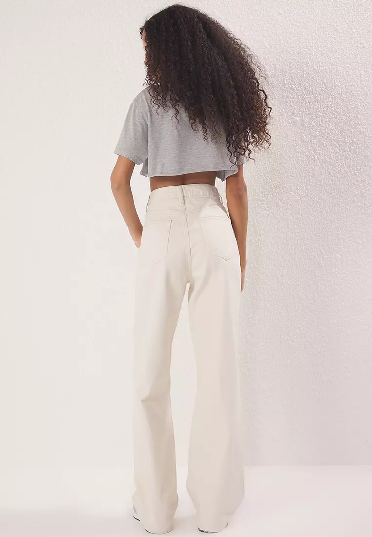 Ecru Cut-Off High Waist Straight Jeans TWOAW25JE00378