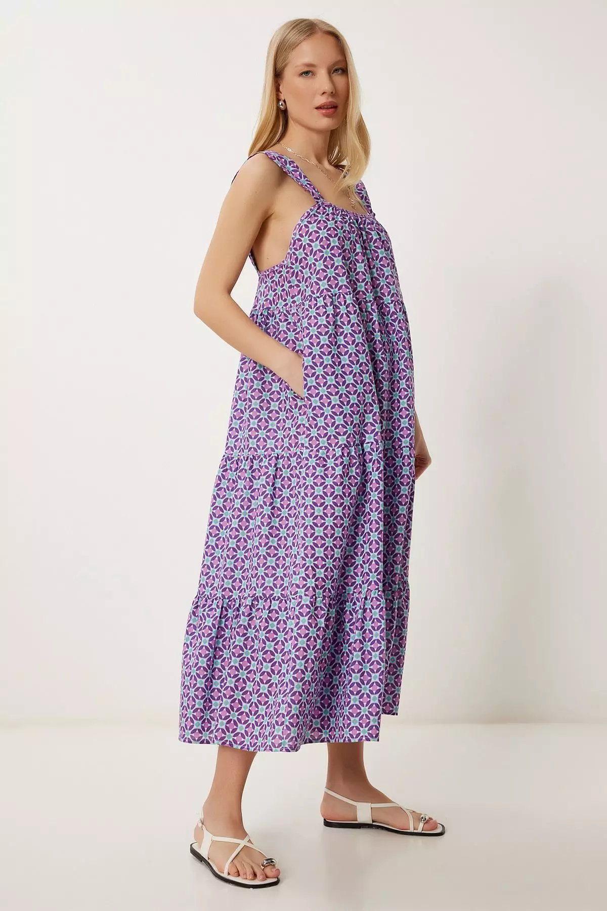 Women's Purple Patterned Flounced Summer Dress Fk00024
