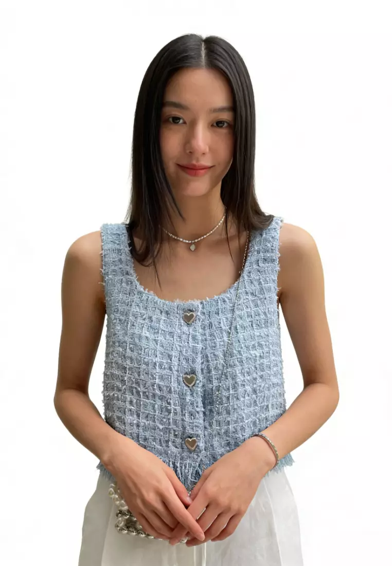 Square Neck Heart Button Fringe Crop Camis CA26031928BL