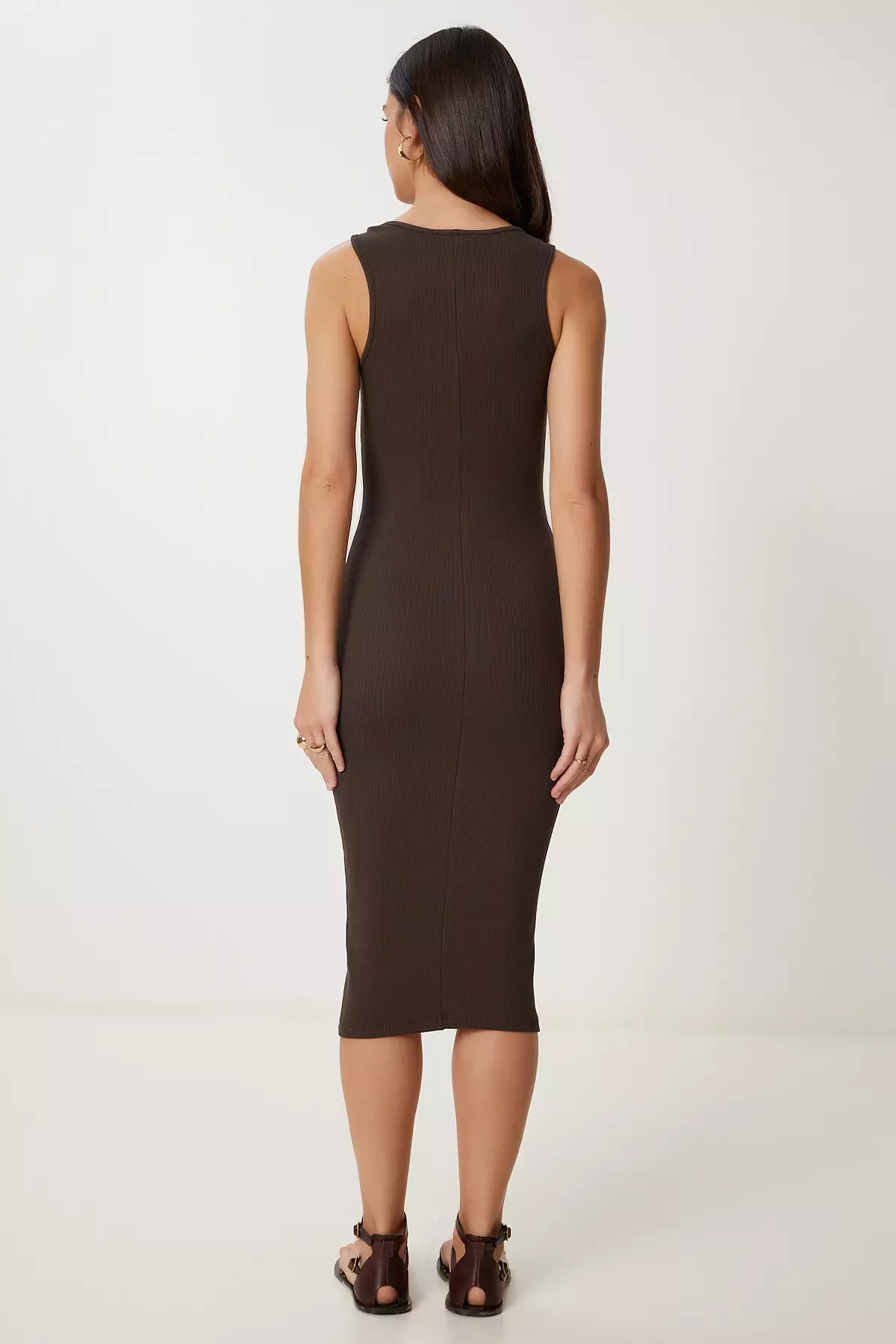 Women's Brown Beaded Ribbed Knitted Dress Ns00412