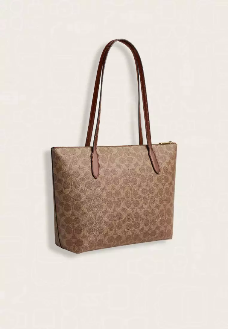 Coach Zip Top Tote Bag In Signature Canvas Tan Brown