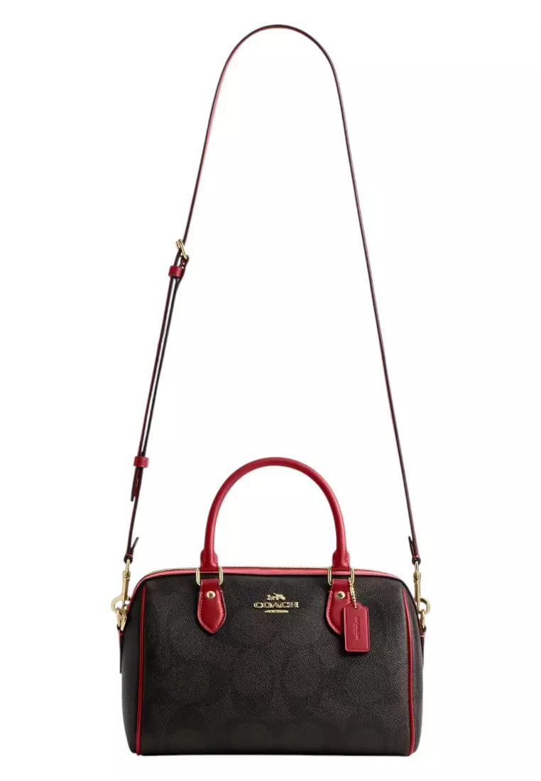 Rowan Satchel Bag In Signature Canvas - Walnut/True Red