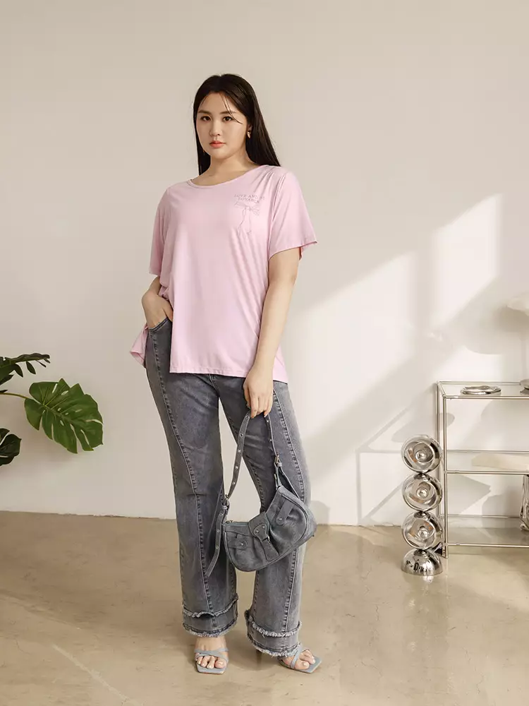 雲朵自訂款-涼感．冰牛奶絲蝴蝶結開衩長版T恤上衣《AB19580》