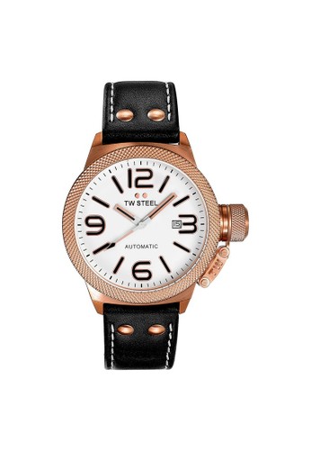 Canteen case Automatic 3 hands date - White dial Rose Gold plated case Black leather strap