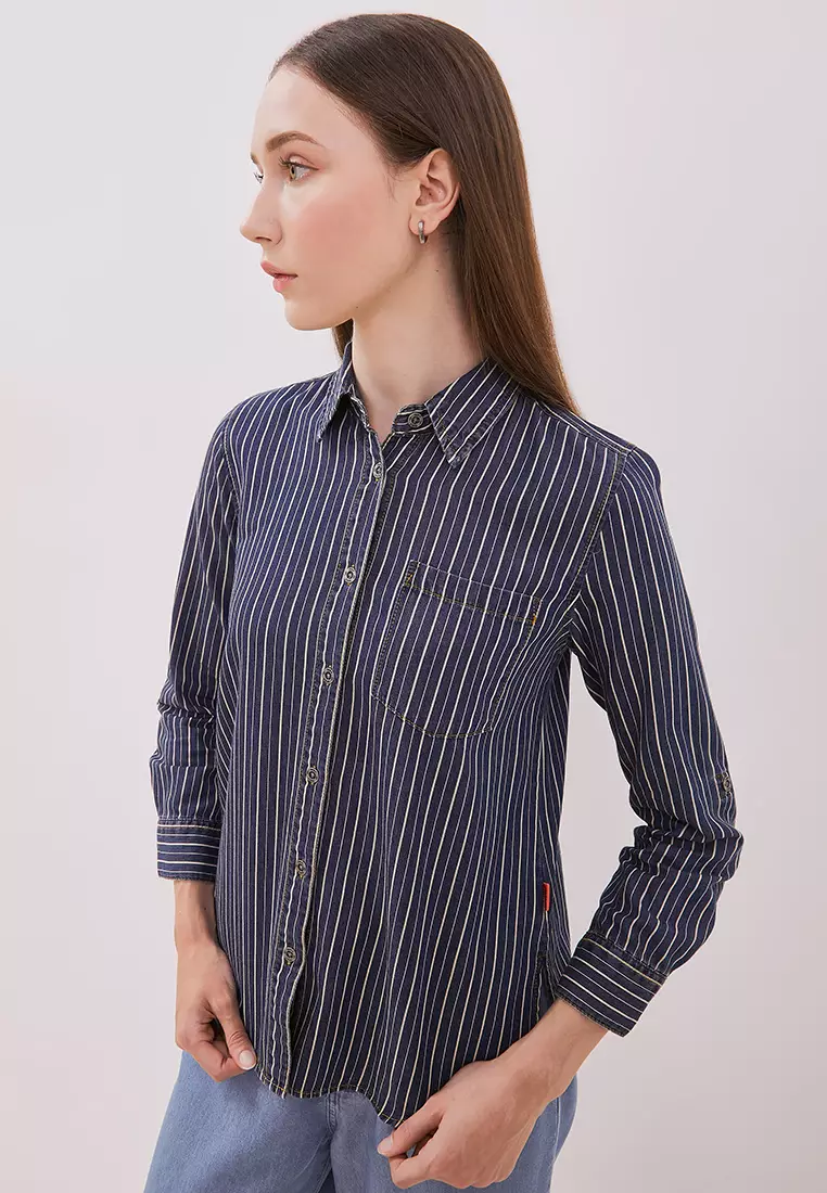 DUST Kemeja Denim Ansel Garis Biru Tua (D.116488)