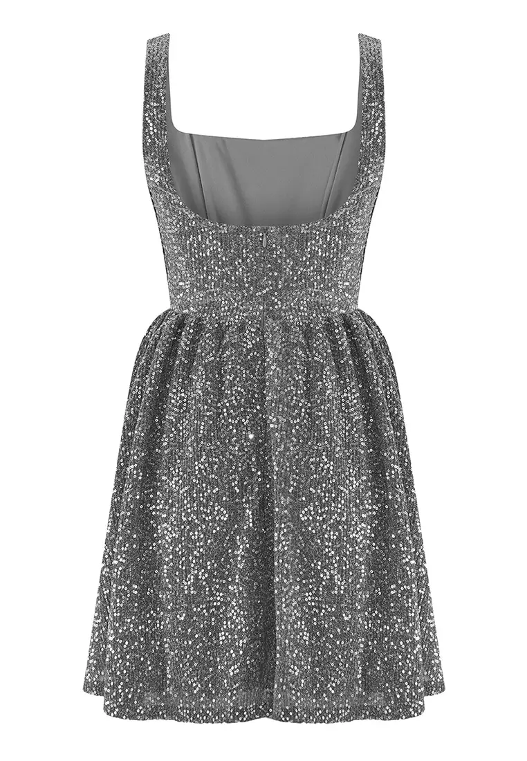 Silver Skirt Waist Opening Sequin Mini Evening Prom Dress TPRSS25EL00286