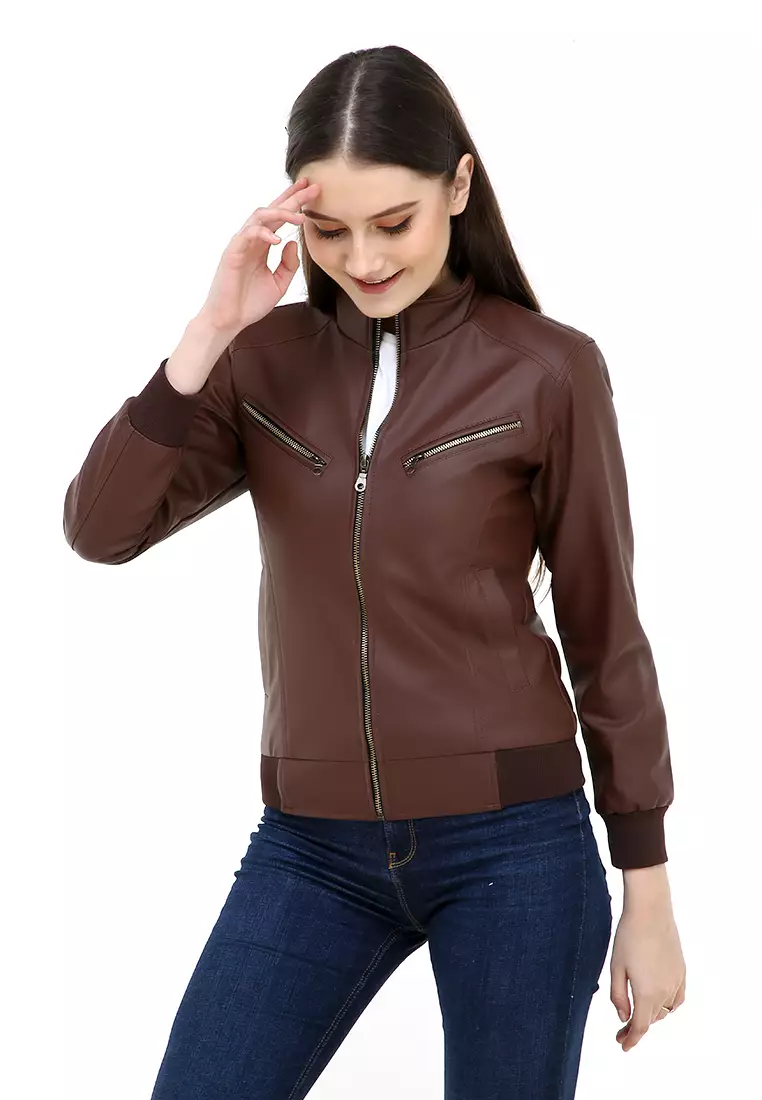 Hardwin Jaket Wanita Casual Longsleeve Jacket Outer Material Kulit Leather ORIGINAL - Brown