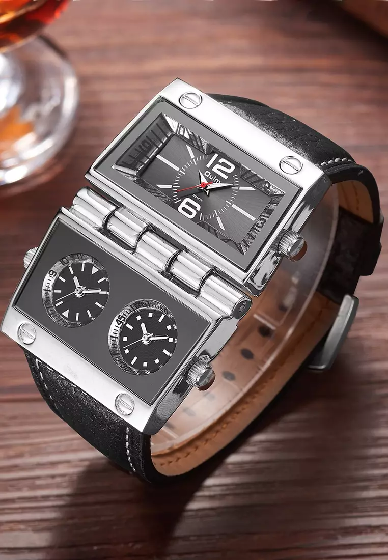 超大號男士石英手錶 - 55x55 毫米 - 精鋼錶殼，黑色錶盤，黑色皮革錶帶