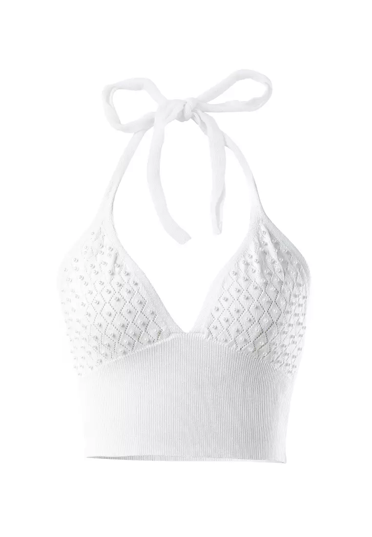 米白色珍珠飾邊針織掛脖上衣