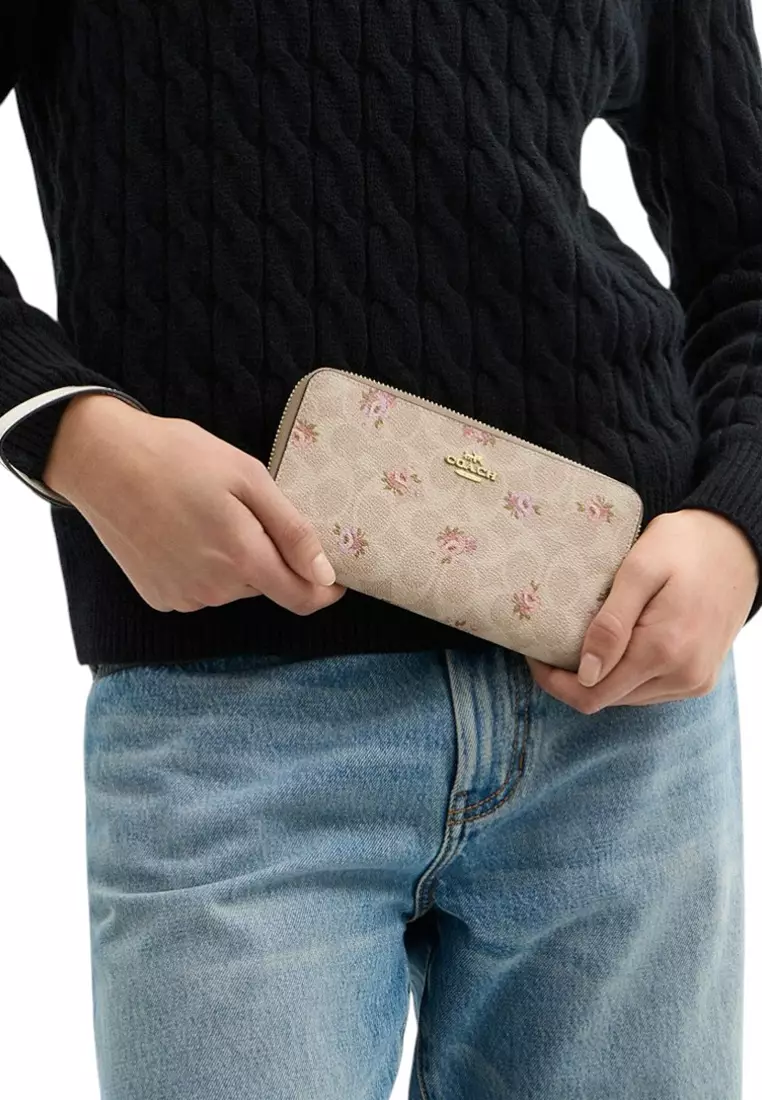 Long Zip Around Wallet In Signature Canvas With Floral Print - Sand/Multi